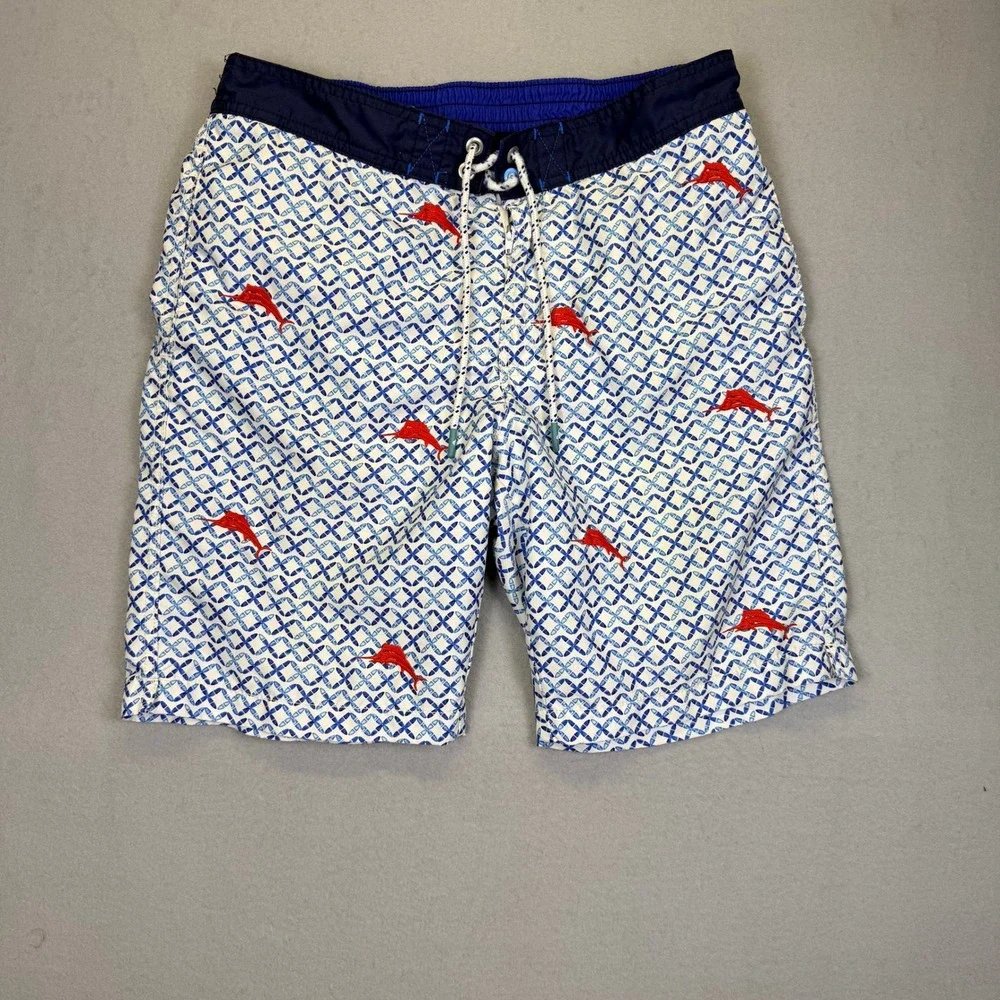Tommy Bahama Mens‎ Blue Geometric Marlin Print Swim Trunks Board Shorts Small